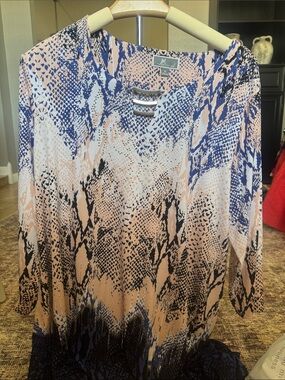 JM Collection Blue, Peach & Black Printed V-Neck Tunic with Ladder Detail